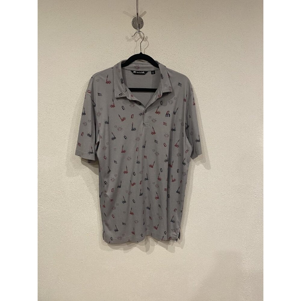 Travis Mathew Polo Shirt Mens XL Gray USA Fireworks Flag Golf Patriotic Print
